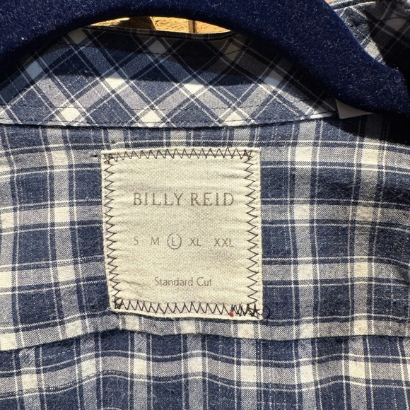 Billy Reid Navy Plaid Shirt Standard Cut L - Picture 3 of 4